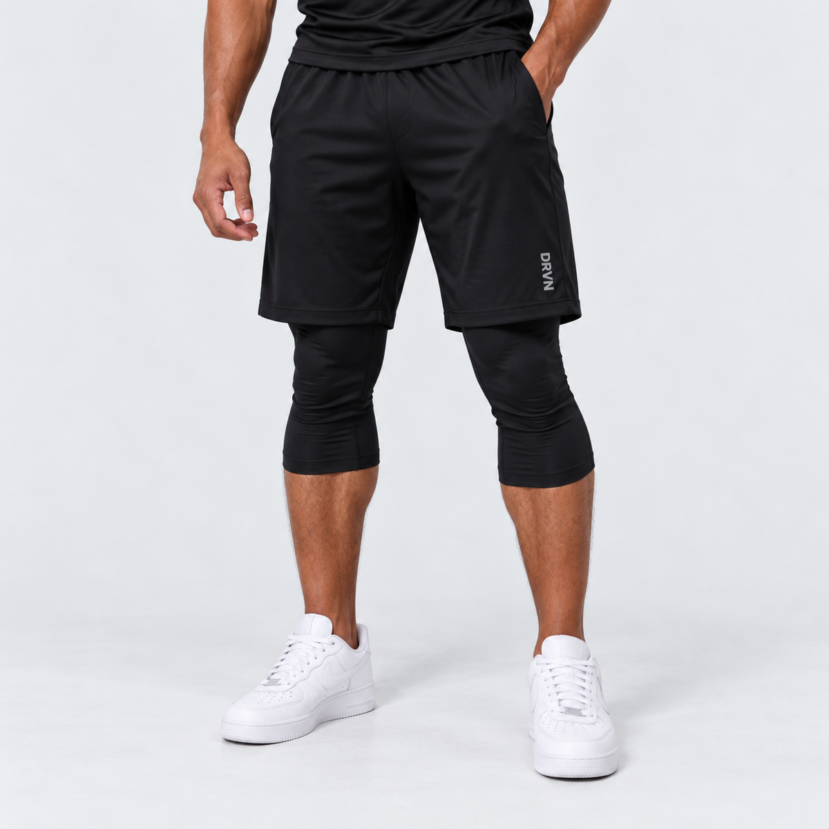 DRVN Athletic Shorts with Compression Leggings - BLACK
