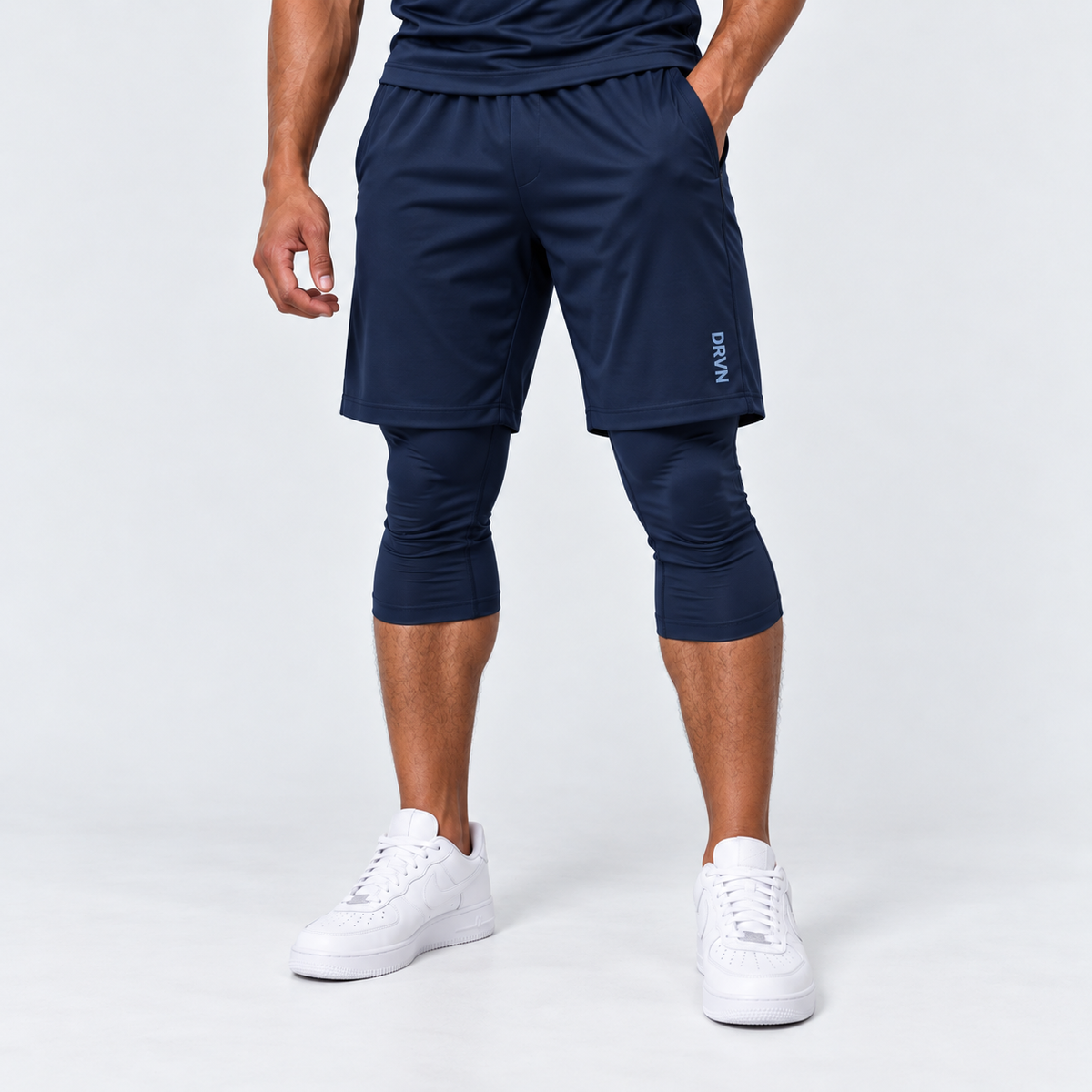 DRVN Athletic Shorts with Compression Leggings - NAVY